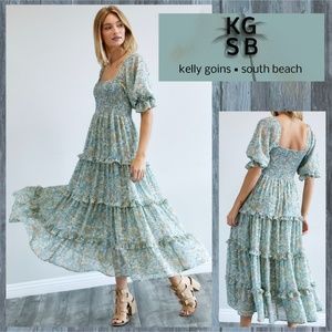 ANTHRO BRAND Davi&Dani Tiers, Ruffles Smocked Chiffon Maxi Dress Puff Sleeves